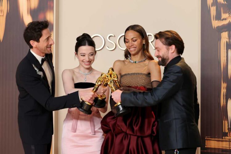 HOLLYWOOD, CALIFORNIA - MARCH 02: (L-R) Adrien Brody, winner of the Best Actor award for “The Brutalist”, Mikey Madison, winner of the Best Actress award for "Anora", Zoe Saldana winner of the Best Actress in a Supporting Role award for "Emilia Pérez" and Kieran Culkin winner of the Best Actor in a Supporting Role for "A Real Pain", pose in the press room during the 97th Annual Oscars at Ovation Hollywood on March 02, 2025 in Hollywood, California. (Photo by Maya Dehlin Spach/Getty Images)